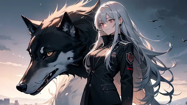 (Confused, High resolution, Very detailed), 1 female, Silver Hair,Long Hair,Reddish brown eyes,black pilot jacket,Black and white suit,20th Generation,Beautiful woman,A shy smile,thin,Are thin,quiet,Calm,Carrying the Wolf,With the wolf,