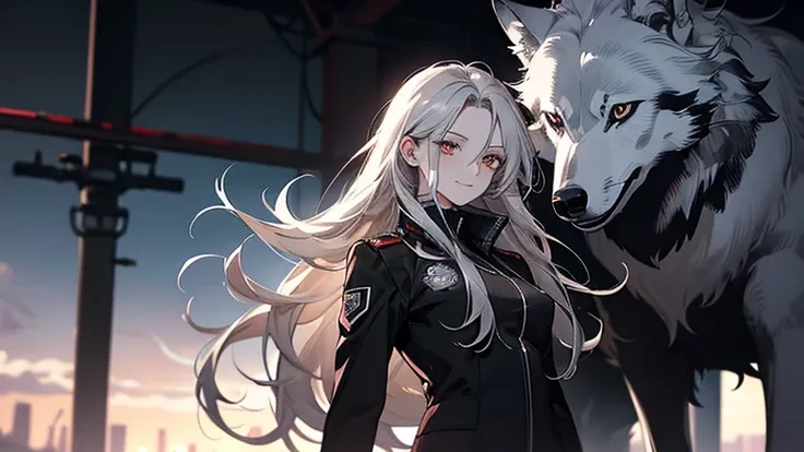 (Confused, High resolution, Very detailed), 1 female, Silver Hair,Long Hair,Reddish brown eyes,black pilot jacket,Black and white suit,20th Generation,Beautiful woman,A shy smile,thin,Are thin,quiet,Calm,Carrying the Wolf,With the wolf,