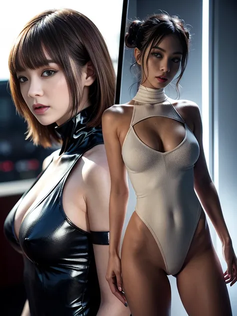 ((highest quality)), ((masterpiece)), ((Realistic)),((Cinema lighting)),blade runner worldview,angle from the front,((looking at viewer)),High Contrast, 19 year old Japanese female model,((Beautiful female replicant)), Medium Hair,(Red Neon),((cyber punkの背...