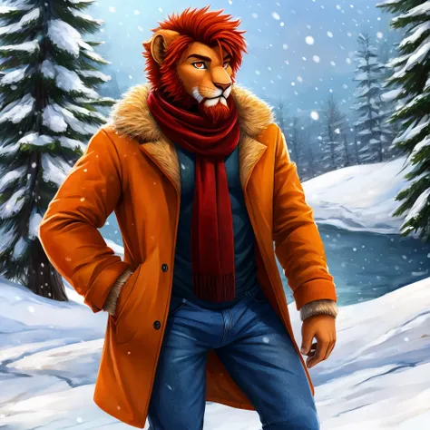 masterpiece, solo, furry orange lion, orange fur, red facial hair, short red hair, orange eyes, teen, tight jeans, yellow coat, scarf, in the snow, happy