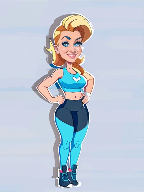 digital drawing, 4k, Fitness Model, cartoon woman in blue blouse and black pants with a big belly, shaded cel:15, shaded cel!!!, cartoon style, cartoon style, upper body avatar, digital art cartoon, caricature, cartoon art style, show rendering, caricature...