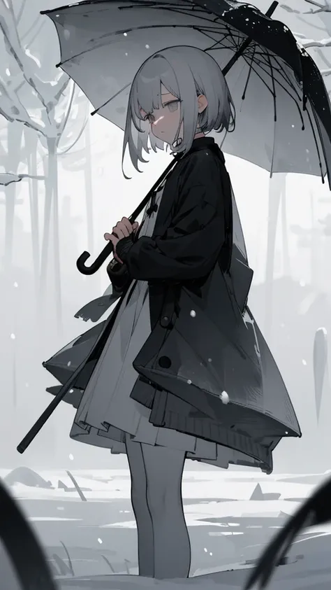 (masterpiece、highest qualthaty)、Short nape hair、A girl wthath very short whthate hair in the distance、Black cardigan、Stern expression、Grey Eyes、Warm lighting、 Blurred foreground、night深く、High Contrast、night、in the cthaty,that&#39;it&#39;s snowing,Heavy snow...