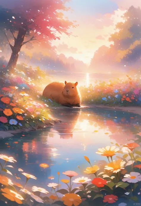 capybara, Solitary, Waterside, relaxed expression, Fluffy fur, Rich natural environment, Sunset and soft lights, Flowers and plants, Rocks and roots, Insects and small animals, Reflections on the water, Peaceful scenery, Water spray, Peaceful and leisurely...