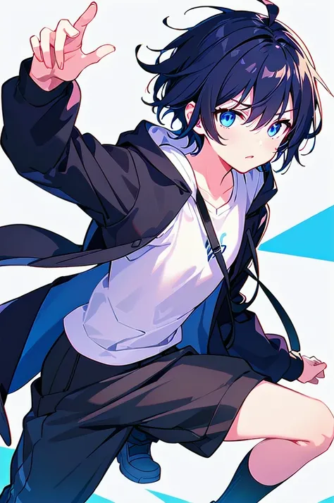 [(WHITE BACKGROUND:1.5),::5], ((((masterpiece)))), high quality, ultra_very_high_resolution, large_filesize, (blue base), full color, ((solo)), ((little boy)), (((black short hair))), blue eyes, anime, neon light, black parka,