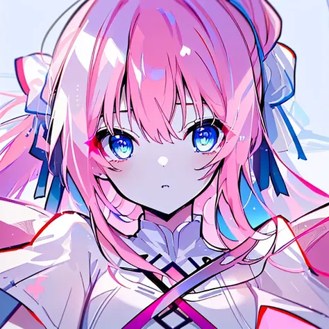 (High resolution,highest quality,Super detailed,wonderful,Attention to detail)girl,ponytail,Pink Hair,Sharp Eyes,Blue Eyes,Cinema Lighting,thought,gorgeous,Bust-up perspective,gem,cute,spiderweb,White clothes,Short sleeve