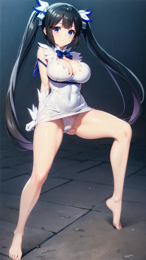 (((Pixel Perfect, Perfect detail))), hestia, blue eyes, black hair, twintails, barefoot, blue bow, blue bowtie, bow, bowtie, cleavage, cleavage cutout, clothing cutout, dress, gloves, pencil dress, (rei no himo:1.5), short dress, white dress, white gloves,...