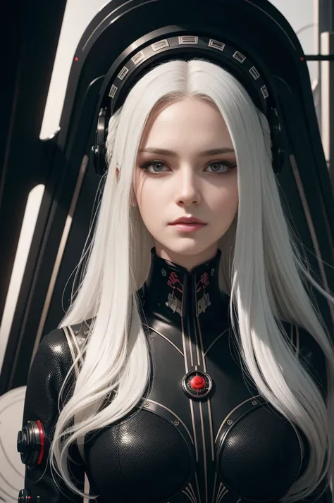 Portrait of a beautiful girl with wavy white hair, wearing a formal black dress with metal parts, red eyes, monograms in the background, digital painting, dark colors, 8k, complex details, vintage, retro futuristic style, sharp focus on the center, pastel ...