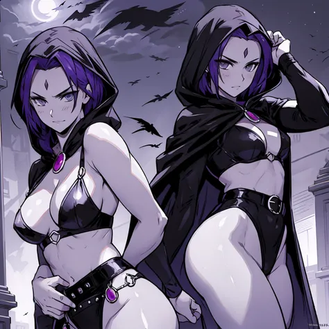 Raven, black leotard, black cape, hood, purple hair, forehead jewel, purple eyes, short hair, belt, skin tight, standing, cleavage, toned, breasts, pose, night, moonlight, ((posing)), motion lines, torso, upper body, portrait, b&w. outline, ((1girl)), (sol...