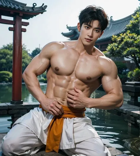 2 Handsome chinese guy kissing, smilling at each other, bare chest , show the abs, 20 years old,hug, cuddle, touching lips, skin ship, romantic,  Asian, chinese hansome actor, kpop idol, handsome male model,manly, master work, best picture quality, higher ...