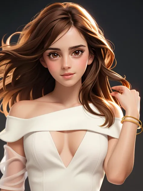 Realistic photo of a beautiful woman 3mm4w-v2,  1 girl, One, long hair, I look at the viewer, Simple background, Brown hair, bare shoulders, Brown eyes, Jewelry, upper body, without sleeves, Gray background, hands up, bracelet, lips, without sleeves shirt,...