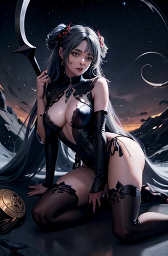 uma mulher, holding a black sickle decorated with Japanese symbols signifying death, a black flame coming out of the decoration, as pontas da foice saem dela ventos negros com fantasmas de caveiras, the best Judy for the face and scythe The woman is wearin...