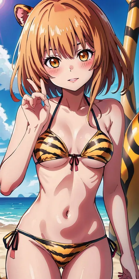 (highres, best quality:1.2), 1girl, blush, solo, (Kurumi Tokisaki - Date a Live) (yellow bikini) (yellow tiger stripes bikini)