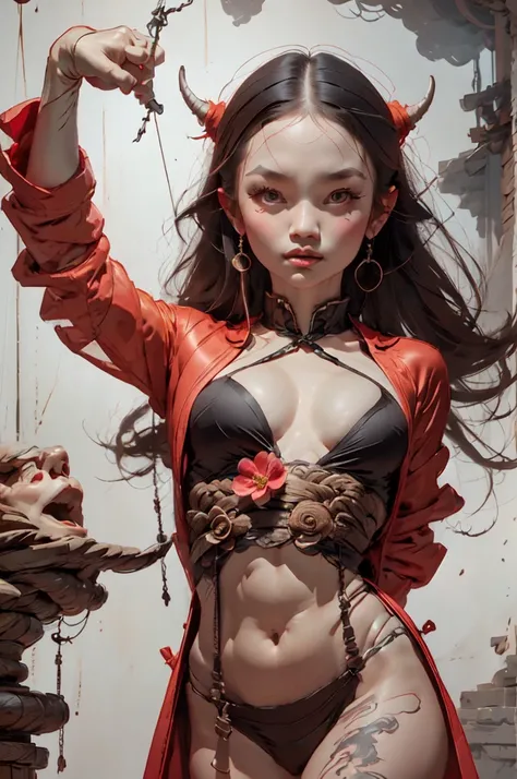 there is a woman in a costume posing with a demon, cgsociety and fenghua zhong, by Yang J, rossdraws 1. 0, 🌺 cgsociety, :: rossdraws, wlop and ross tran, wlop rossdraws, by Feng Zhu, rossdraws digital painting, rossdraws sakimimichan, ross tran and wlop