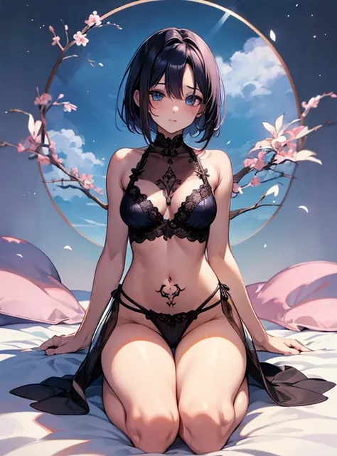 Smaller breasts、Beautiful and attractive anime woman, Enchanting anime girl, Top rated on pixiv、Short Bob、Healthy Body、Taking drugs、See-through underwear、Full Body Tattoo、Prostration