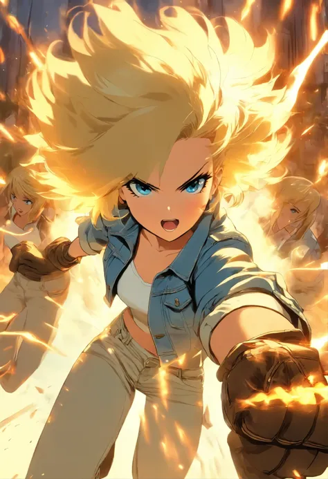 (((1 girl, Lovely, denim jacket, White top, jeans, Gloves, blond, short hair, Bob Hair, Side parting, blue eyes))), (((blond hair))), Dynamic poses, Comic Style, Portray a group of characters in various action scenes, From intense battles to relaxing momen...