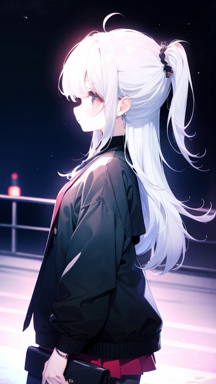 White Hair，Girl，KHD，4K，Expressionless face，Anime Style，profile，Night sky background，Spring Casual Fashion,