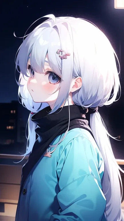 white hair，girl，khd，4k，expressionless face，anime style，profile，night sky background，spring casual fashion,