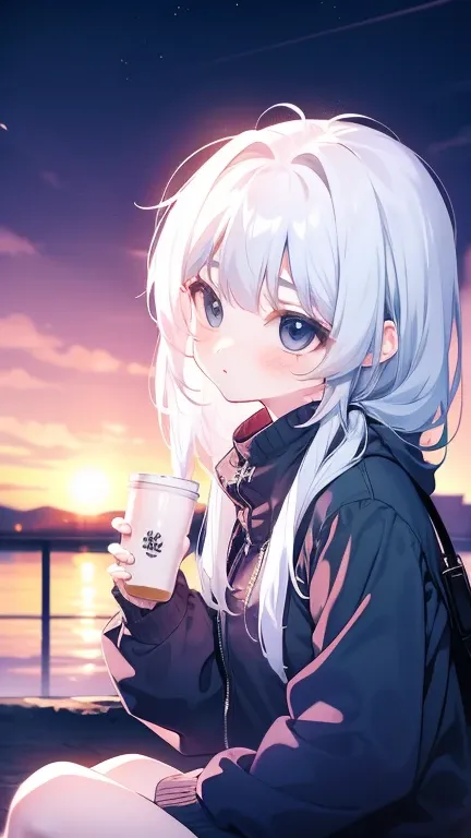 white hair，girl，khd，4k，expressionless face，anime style，profile，night sky background，spring casual fashion,