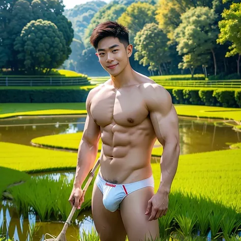 1 man, smile, (naked , nude), (micro thong), (Korean guy) , korean men, (Lifelike lighting), chest muscles, Big arm muscles, blood vessel, big muscles, Broad shoulders, looking at the audience, Balancing the eyeake eye contact), (rice paddies), (rice paddi...