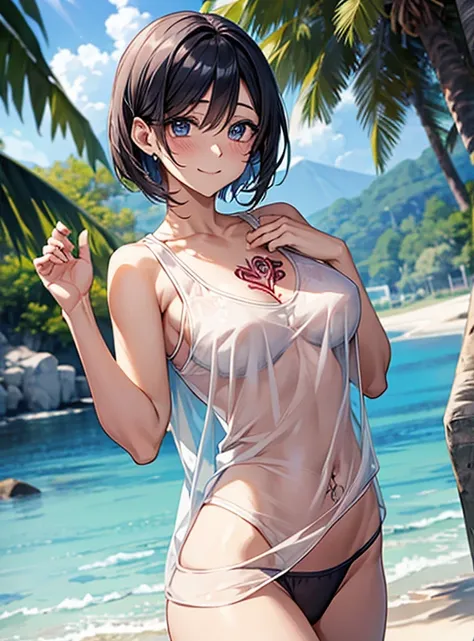 Attractive breasts、Beautiful and attractive anime woman, Enchanting anime girl, Top rated on pixiv、Short Bob、Healthy Body、fine、laughing、See-through underwear、Yakuza、Tattoo