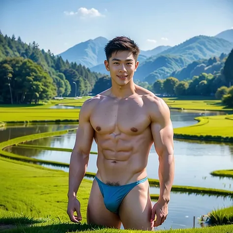 1 man, smile, (naked , nude), (micro thong), (Korean guy) , korean men, (Lifelike lighting), chest muscles, Big arm muscles, blood vessel, big muscles, Broad shoulders, looking at the audience, Balancing the eyeake eye contact), (rice paddies), (rice paddi...