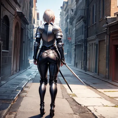 female knight, wearing plate armor, leather pants, full body, view from behind