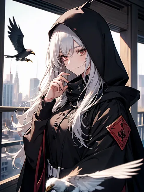 (Confused, High resolution, Very detailed), 1 female, Silver Hair,Long Hair,Crow,後ろを飛ぶCrow,Carry on your shoulders,Reddish brown eyes,Black hooded pilot coat,Black and white suit,20th Generation,Beautiful woman,A shy smile,thin,Are thin,quiet,Calm,Carrying...