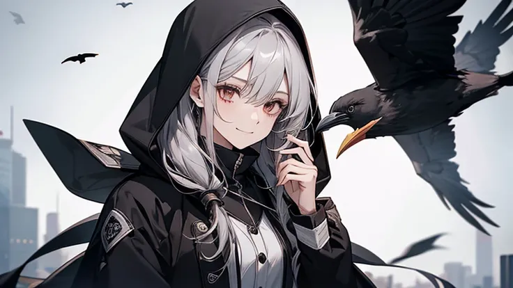 (Confused, High resolution, Very detailed), 1 female, Silver Hair,Long Hair,Crow,後ろを飛ぶCrow,Carry on your shoulders,Reddish brown eyes,Black hooded pilot coat,Black and white suit,20th Generation,Beautiful woman,A shy smile,thin,Are thin,quiet,Calm,Carrying...