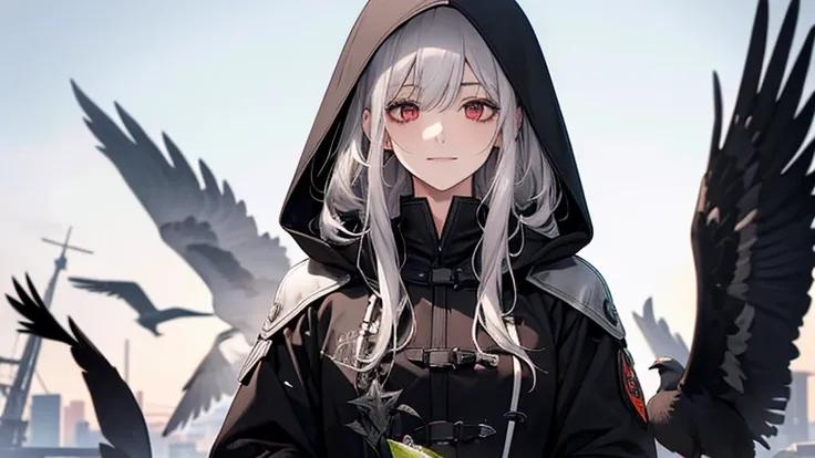 (Confused, High resolution, Very detailed), 1 female, Silver Hair,Long Hair,Crow,後ろを飛ぶCrow,Carry on your shoulders,Reddish brown eyes,Black hooded pilot coat,Black and white suit,20th Generation,Beautiful woman,A shy smile,thin,Are thin,quiet,Calm,Carrying...