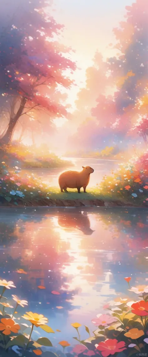 capybara, Solitary, Waterside, relaxed expression, Fluffy fur, Rich natural environment, Sunset and soft lights, Flowers and plants, Rocks and roots, Insects and small animals, Reflections on the water, Peaceful scenery, Water spray, Peaceful and leisurely...