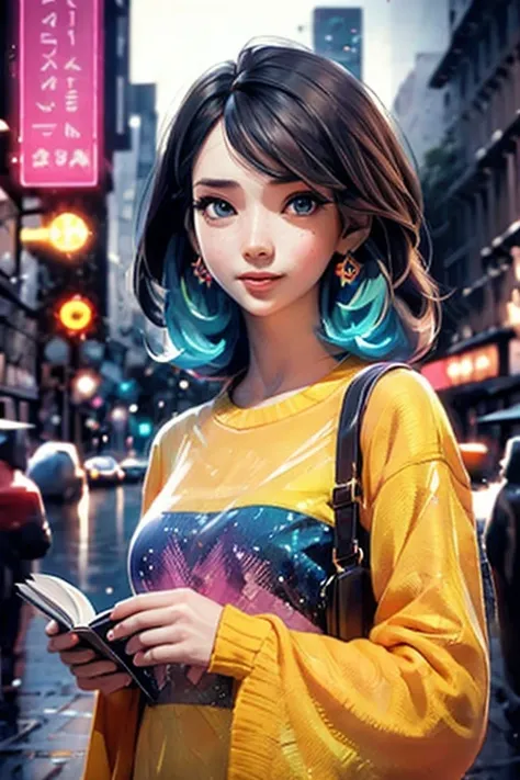 Portrait of a woman in a colorful outfit with a big book posing for a photo, focus on eyes, A freckles, cyber girl, pretty face, sparkling simple make up, hippie clothes, sparkling pictures, new york street background, high quality pictures