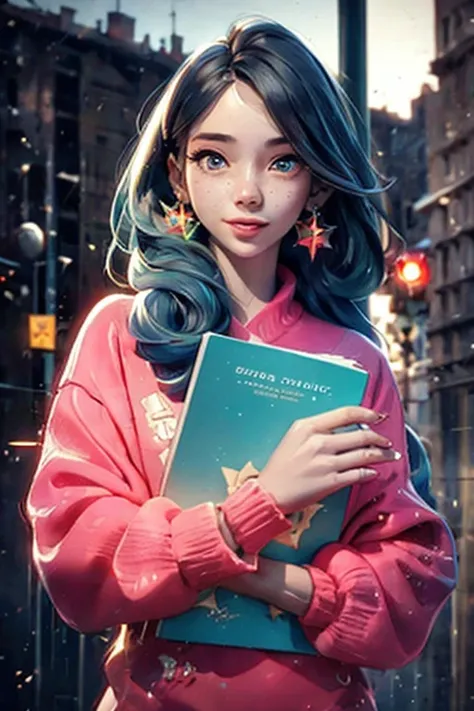 Portrait of a woman in a colorful outfit with a big book posing for a photo, focus on eyes, A freckles, cyber girl, pretty face, sparkling simple make up, hippie clothes, sparkling pictures, new york street background, high quality pictures