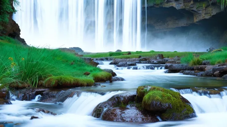 Ink Painting　landscape「Waterfall flow」 prompt: 力強く流れ落ちる滝のlandscapeを描く。
