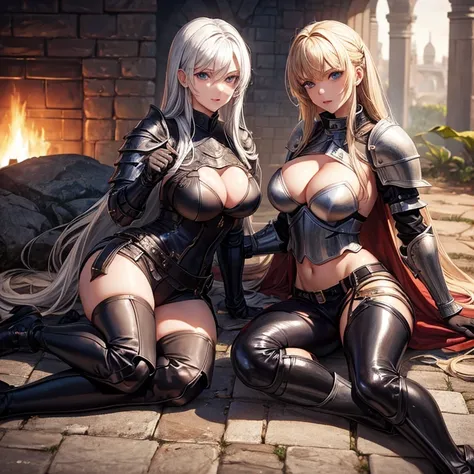 Hot. female knight, wearing plate armor, leather pants, full body, nice thighs, cleavage