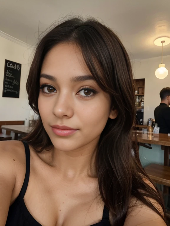 Foto de uma mulher morena de 20 anos, que tem um rosto muito natural,  labios finos, olhos finos, sobrancelhas finas, nariz fino, brincos, long eyelashes. She takes a cute selfie in a cafe