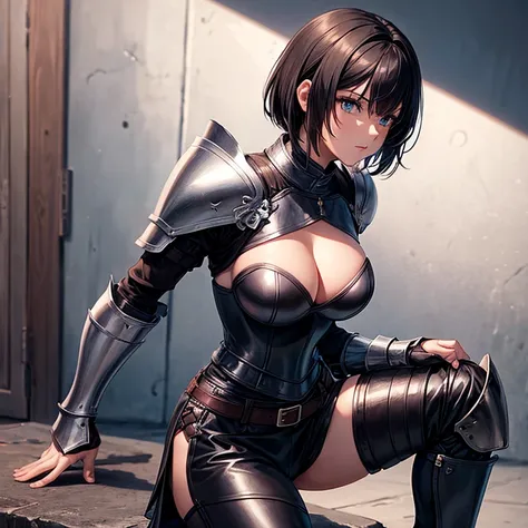 female knight, wearing plate armor, leather pants, full body, nice thighs, cleavage, medium , brown skin, short black hair