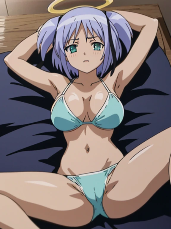 mitsukaidokuro,(highest quality, The quality of anime in 2003,masterpiece, RAW Photos,Very detailed:1.2), 1 girl,short hair、Spread your legs in bed、bikini