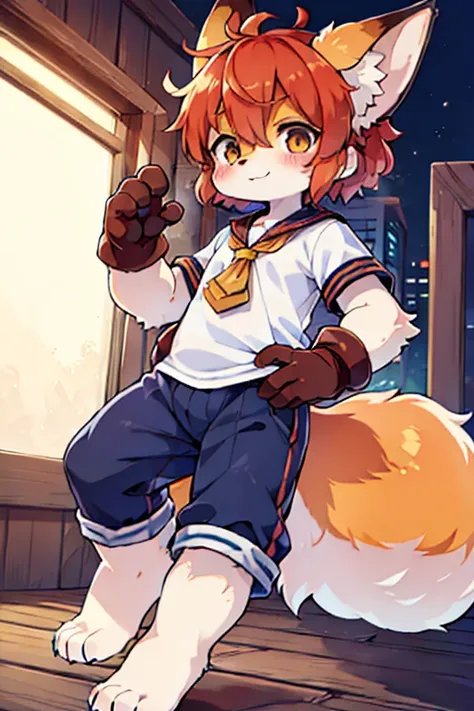 3 males, Fox, Furry, Beastman, Animal hair, tail, Sailor suit, Short sleeve, Jersey pants, Long trousers, gloves, barefoot