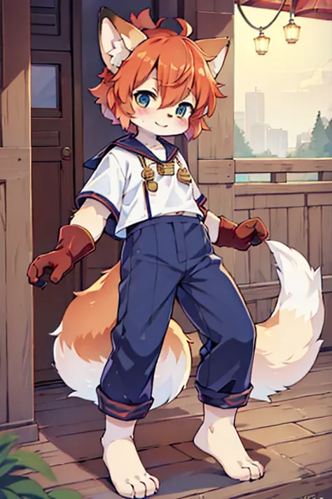 5 males, Fox, Furry, Beastman, Animal hair, tail, Sailor suit, Short sleeve, Jersey pants, Long trousers, gloves, barefoot