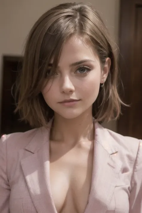 portrait of european girl,JennaColeman,solo,20yo,beautiful face,uppser body,hair over one eye,medium sidecut, blonde hair, sharp focus,pink business suit, medium boob, medium breasts