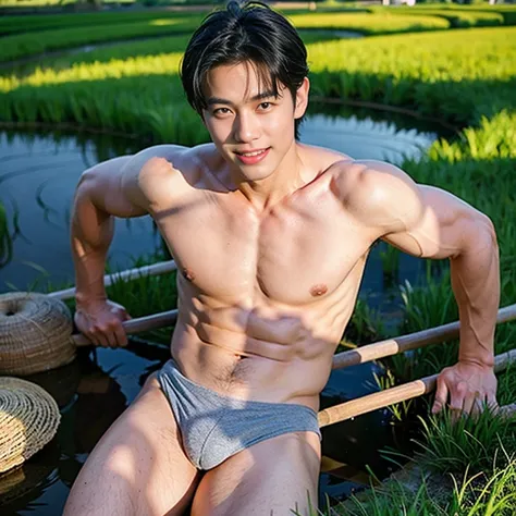 1 man, smile, (naked , nude), (micro thong), (Korean guy) , korean men, (Lifelike lighting), chest muscles, Big arm muscles, blood vessel, big muscles, Broad shoulders, looking at the audience, Balancing the eyeake eye contact), (rice paddies), (rice paddi...