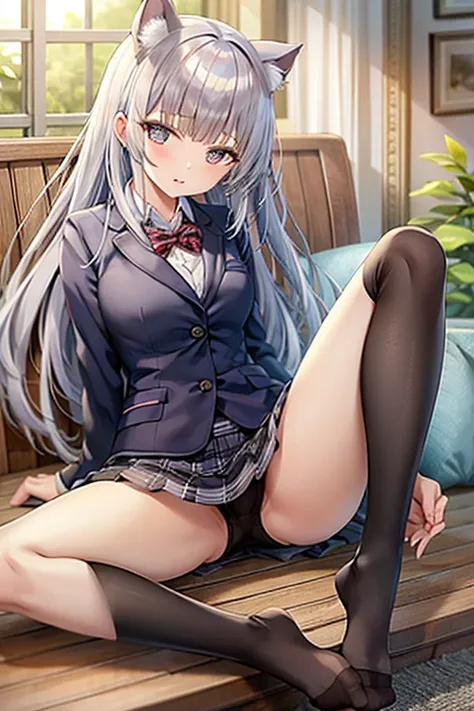 Cat-eared girl, Blue checked miniskirt,blazer,Black knee socks,Silver Hair,Spread your legs wide