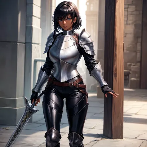 female knight, wearing plate armor, leather pants, full body, nice thighs, medium , dark skin, short black hair