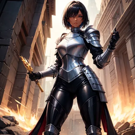 female knight, wearing plate armor, leather pants, full body, nice thighs, medium , dark skin, short black hair