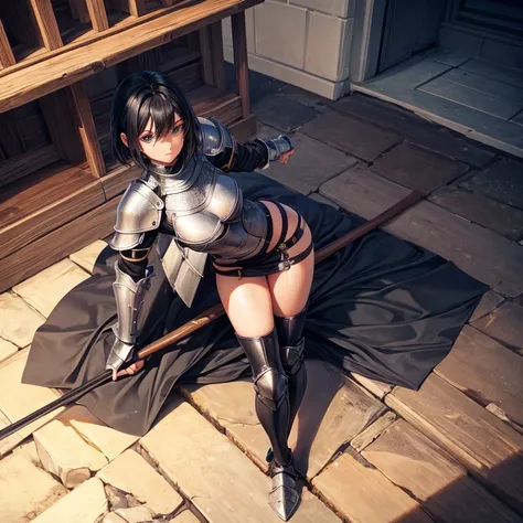 Hot female knight, wearing plate armor, leather pants, full body, nice thighs, medium , dark skin, short black hair