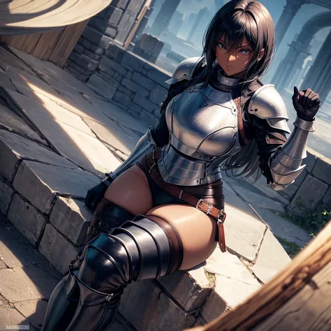 Hot female knight, wearing plate armor, leather pants, full body, nice thighs, medium , dark skin, short black hair