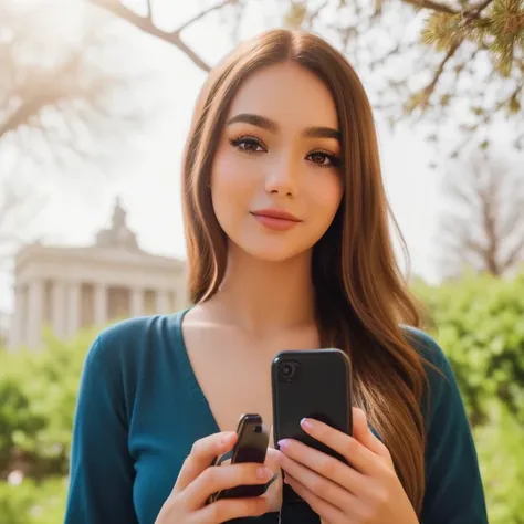 woman holding a cell phone in front of a tree, she is holding a smartphone, goddess checking her phone, checking her phone, inst...