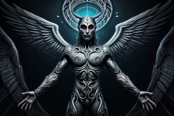 an angel man being with many wings and halos covered in eyes,multiple wings,extra wings,eldritch abomination,biblically accurate,intricate linework,hyperdetailed,art by  llbreton, Tertagammaton