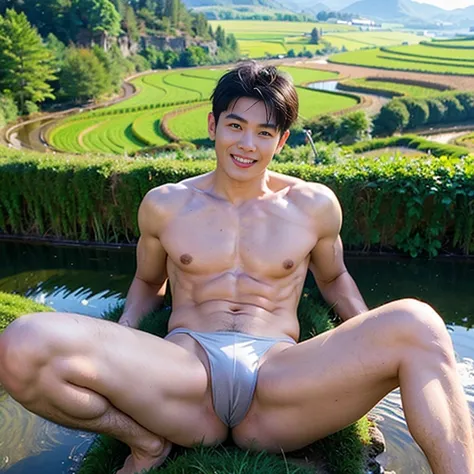 1 man, smile, (naked , nude), (micro thong), (Korean guy) , korean men, (Lifelike lighting), chest muscles, Big arm muscles, blood vessel, big muscles, Broad shoulders, looking at the audience, Balancing the eyeake eye contact), (rice paddies), (rice paddi...