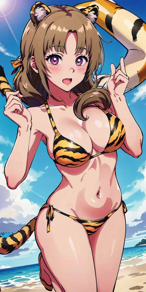 (highres, best quality:1.2), 1girl, blush, solo, ([justTNP] Mamako Oosuki | Do You Love Your Mom and Her Two-Hit Multi-Target Attacks?) (yellow bikini) (yellow tiger stripes bikini)